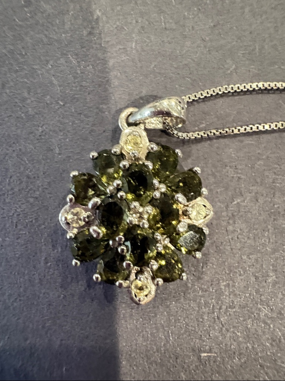 Olive Green Cluster Pendant Necklace in Silver Tone